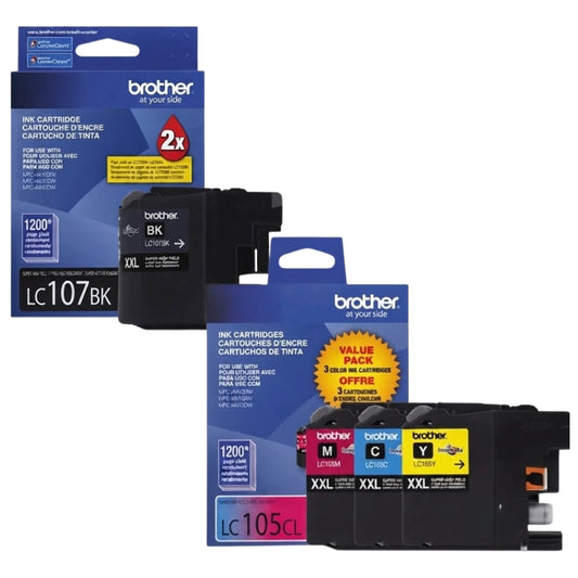 New, Pre-Owned - Brother LC107XXL Black & LC105XXL Cyan, Magenta & Yellow Ink Cartridges