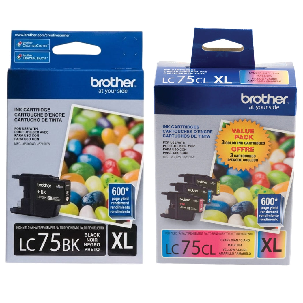 New, Pre-Owned - Brother LC75 Black, Cyan, Magenta, Yellow Ink Cartridges