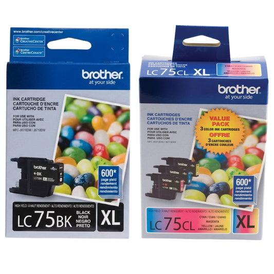 New, Pre-Owned - Brother LC75 Black, Cyan, Magenta, Yellow Ink Cartridges