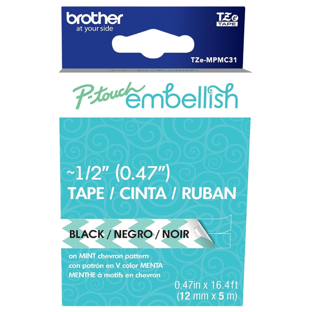 New, Pre-owned, Original Brother P-Touch Embellish Black Print on Mint Chevron Pattern Tape TZEMPMC31 – ~½” Wide x 13.1’ Long