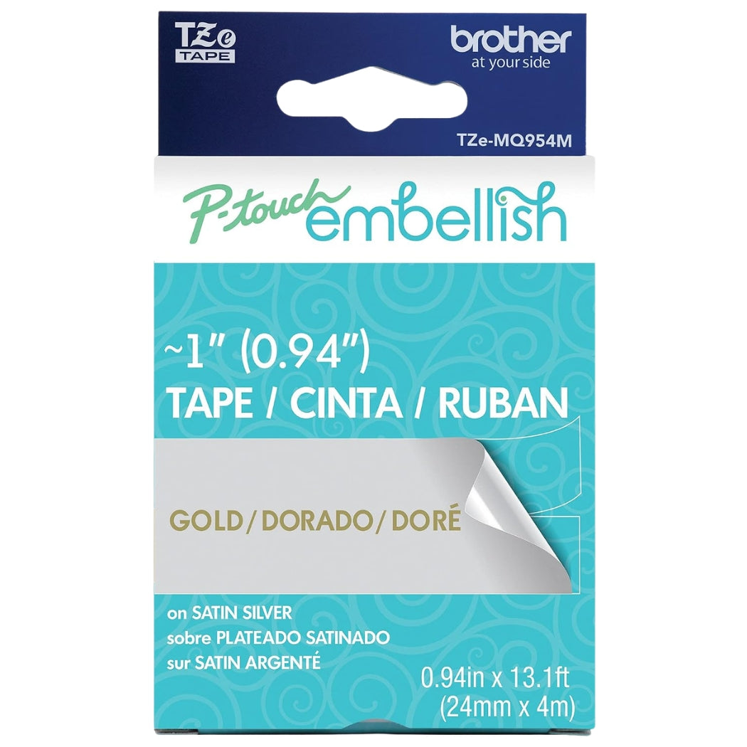 New, Pre-owned, Original Brother P-Touch Embellish Gold Print on Satin Silver Tape TZE-MQ954M - ~1" Wide x 13.1’ Long (24mm x 4m)- 2-Pack