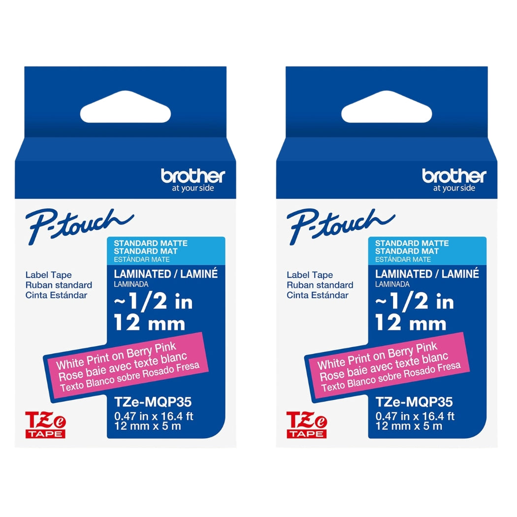 New, Pre-owned, Original Brother P-Touch Embellish White Print on Berry Pink Tape TZE-MQP35M – ~1/2” Wide x 13.1’ Long (12mm x 4m)-2-Pack