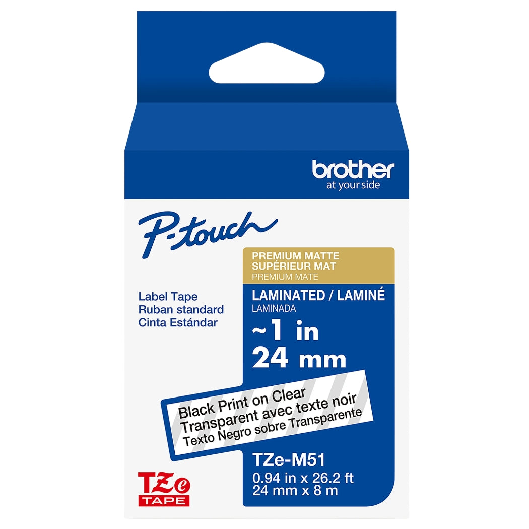 New, Pre-owned, Original Brother P-touch TZe-M51 Black Print on Matte Clear Laminated Tape 24mm (0.94”) wide x 8m (26.2’) long