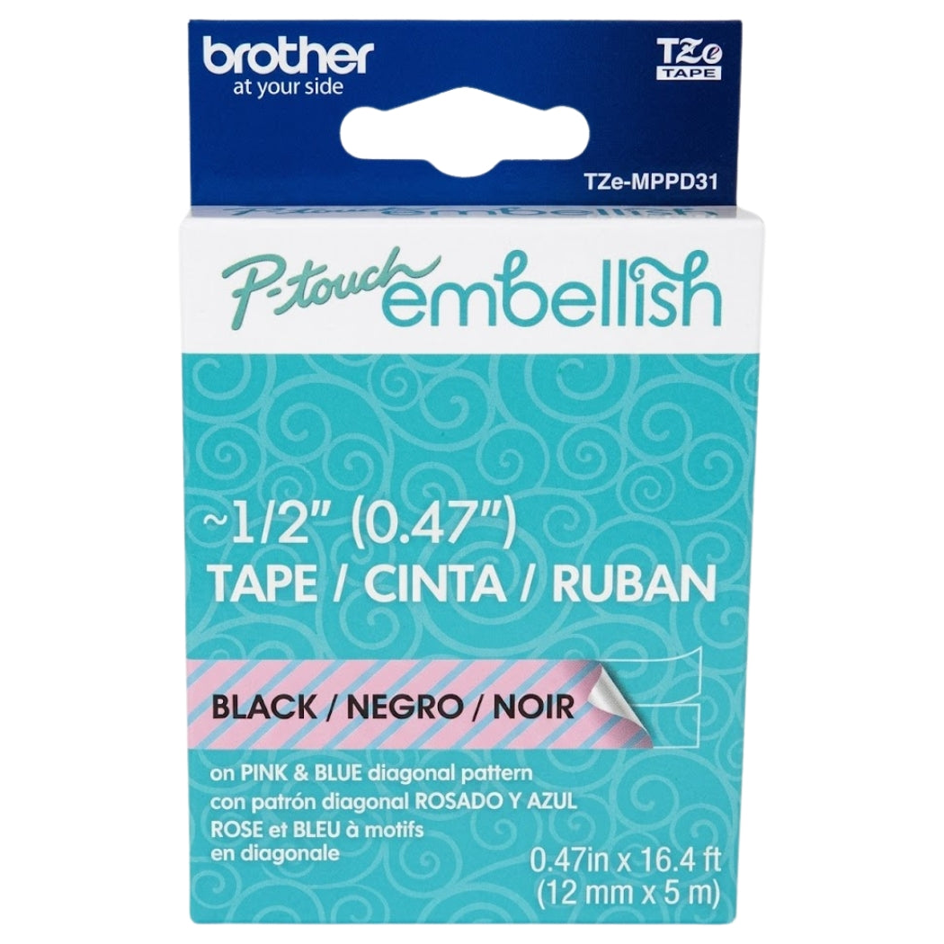 New, Pre-owned, Original Brother P-touch TZe-MPPD31 Embellish Black on Pink and blue Assortment Tape