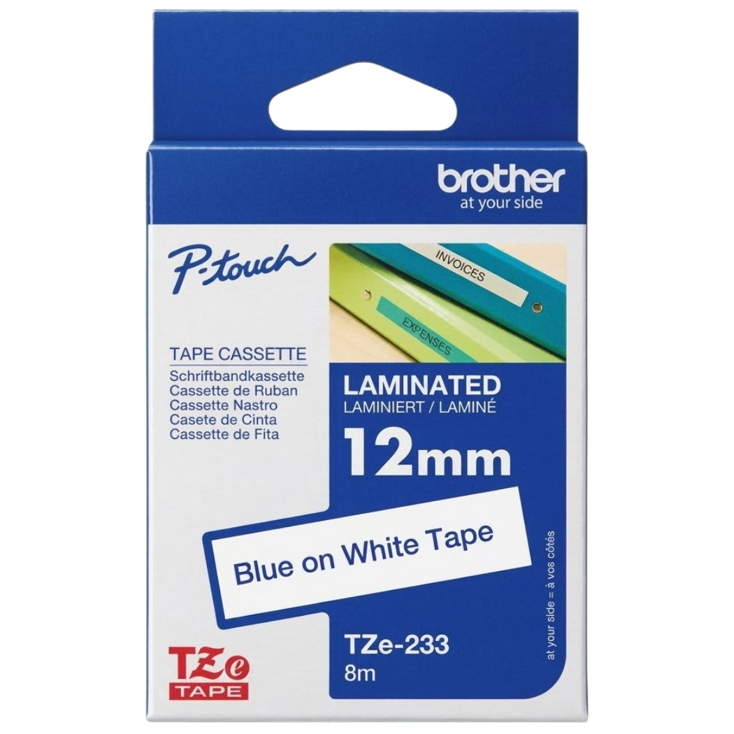 New, Pre-owned, Original Brother TZe-233 Labelling Tape Cassette, Blue on White, 12 mm (W) x 8 m (L), Laminated Tape