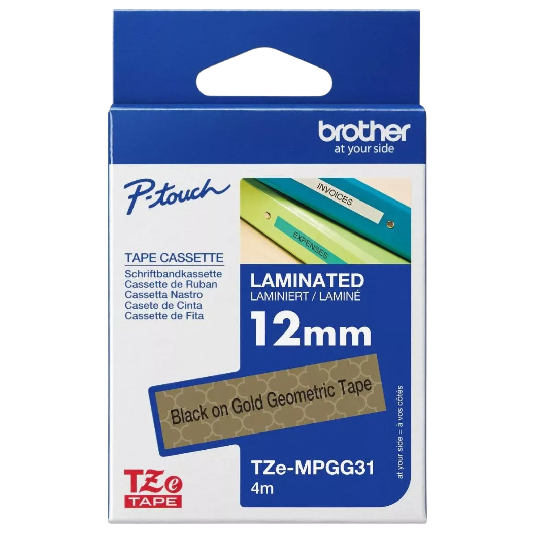 New, Pre-owned, Original Brother TZe-MPGG31 Labelling Tape Cassette, Black on Gold Geometric, 12 mm (W) x 4 m (L)