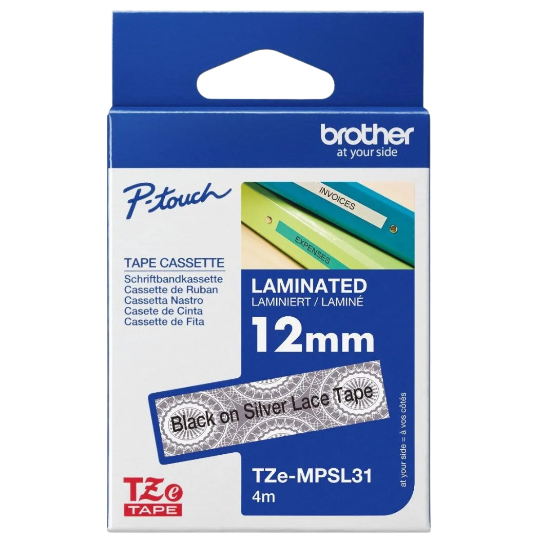 New, Pre-owned, Original Brother TZe-MPSL31 Labelling Tape Cassette, Black on Silver Lace, 12 mm (W) x 4 m (L)