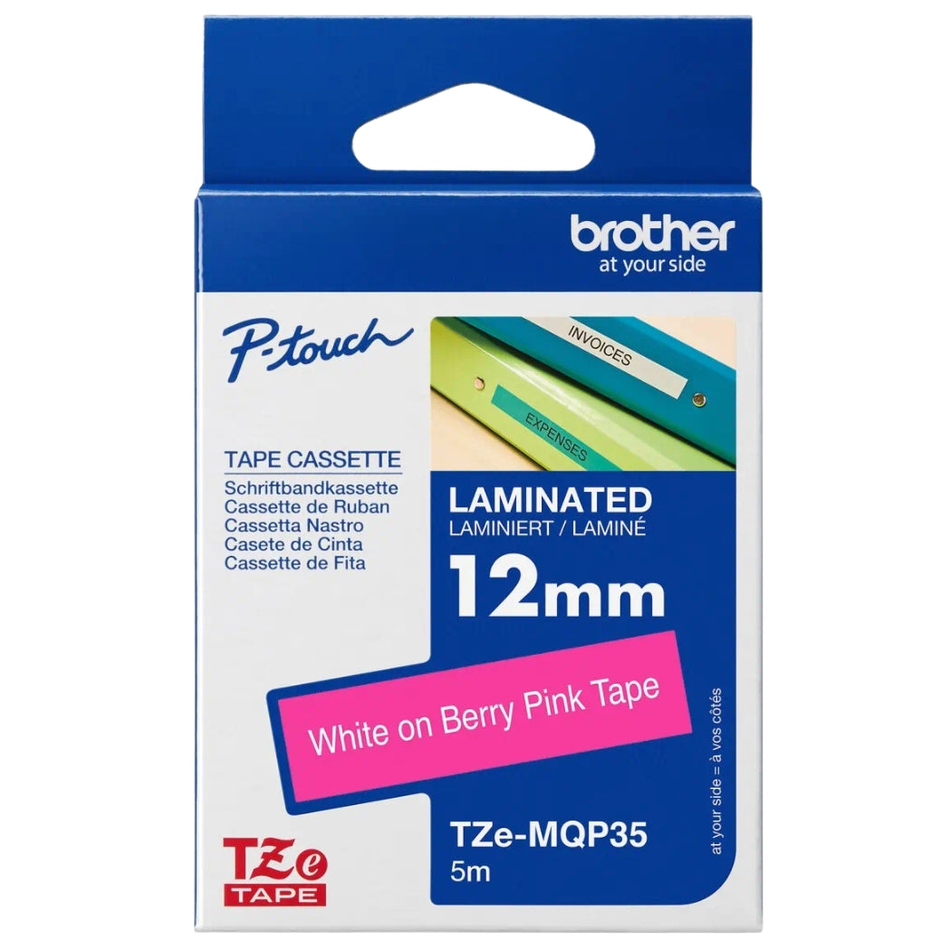 New, Pre-Owned - Brother TZe-MQP35 Labelling Tape Cassette 12mm (W) * 5m (L) White Print on Berry Pink Tape-TZe-MQP35