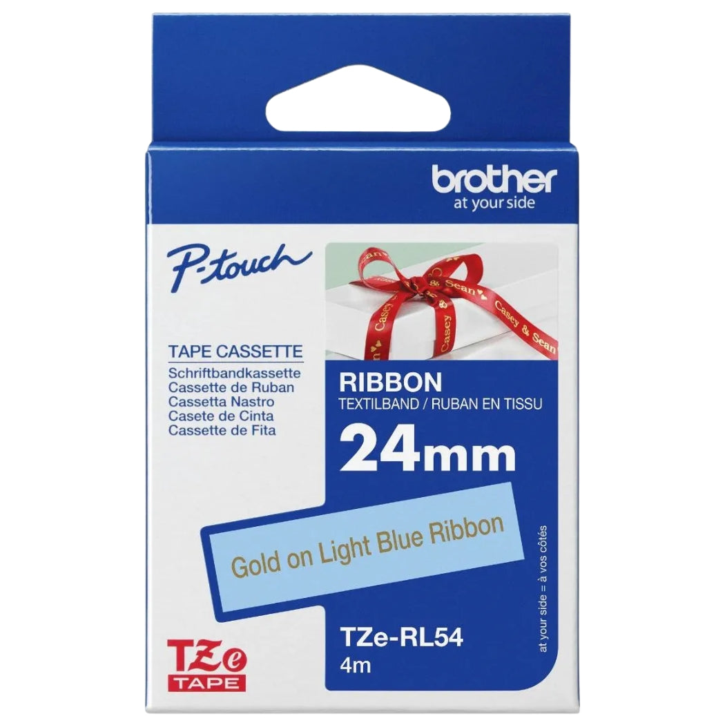 New, Pre-owned, Original Brother TZe-RL54 Labelling Tape Cassette, Gold on Light Blue, 24mm (W) x 4M (L), Ribbon Tape