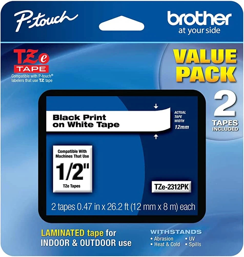 New, Pre-Owned - Brother TZe-2312PK 1/2 In. Black on White P-Touch Label Tape 2/Pack