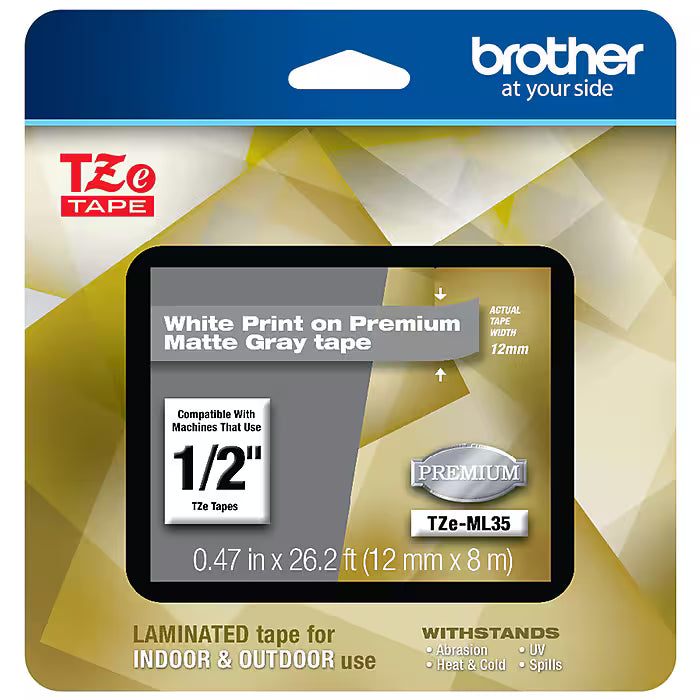 Original Brother P-Touch TZe-ML35 White Print on Premium Matte Gray Laminated Tape 12mm (0.47”) Wide x 8m (26.2’) Long, TZEML35