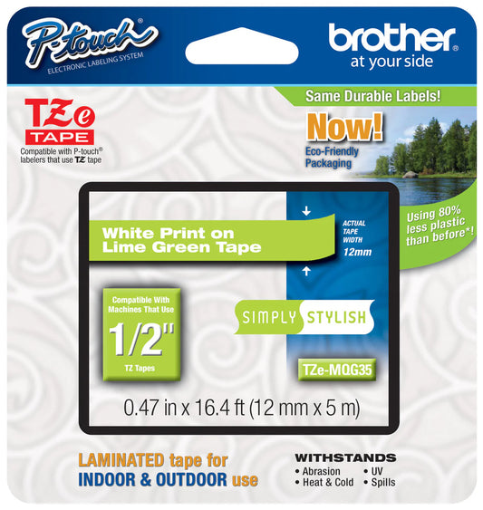 Original Brother TZe-MQG35 Labelling Tape Cassette 12mm (W) * 5m (L) White Print on Lime Green Tape-TZe-MQG35